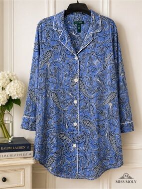 Lauren Ralph Lauren Blue Paisley Nightshirt Button Front Sleep Shirt L
